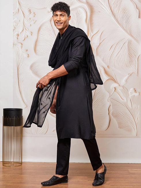 Men's Black Viscose Kurta, Pyjama And Dupatta Set.